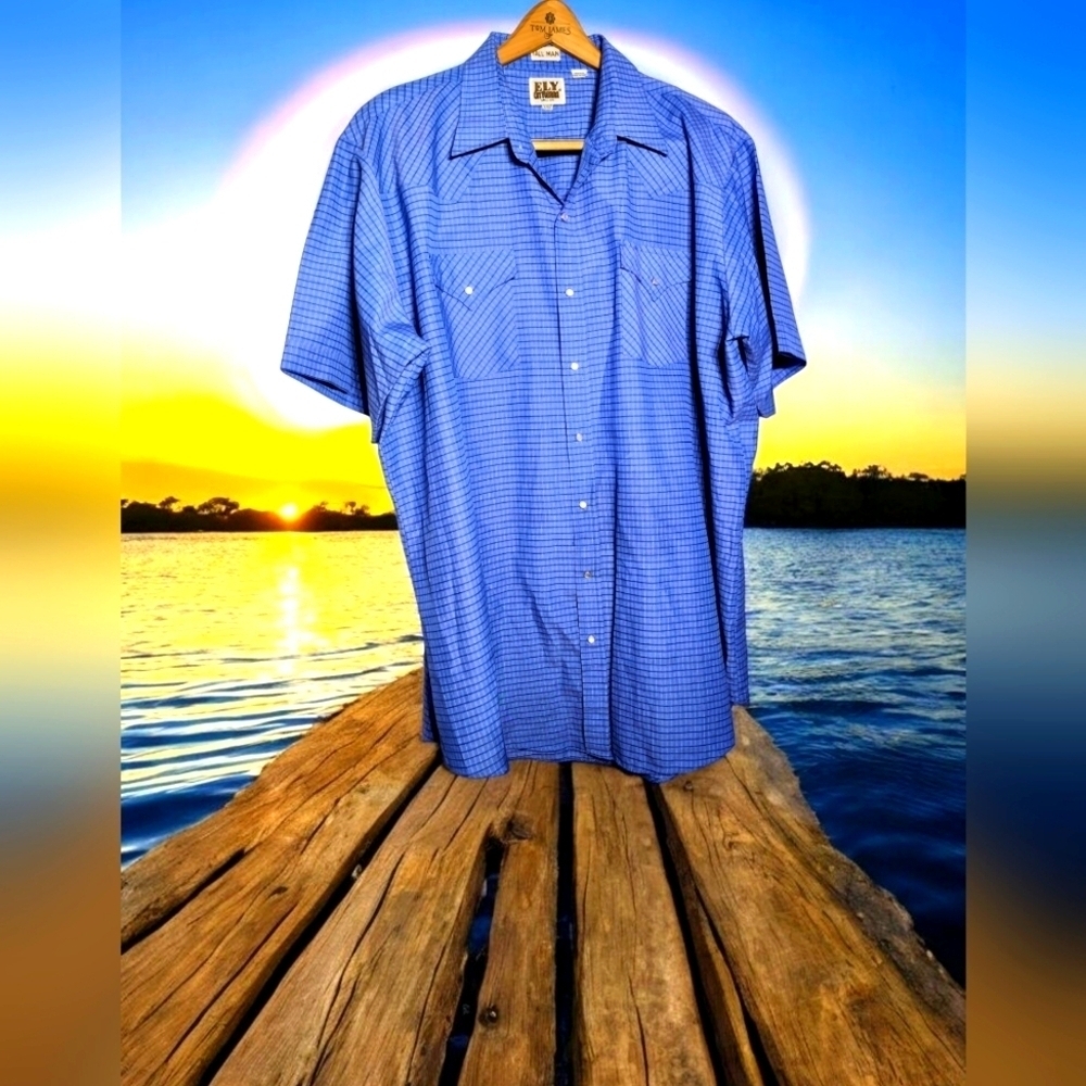 Ely Cattleman Tall Man Sz XXLT Men's Blue Checkered Western Shirt